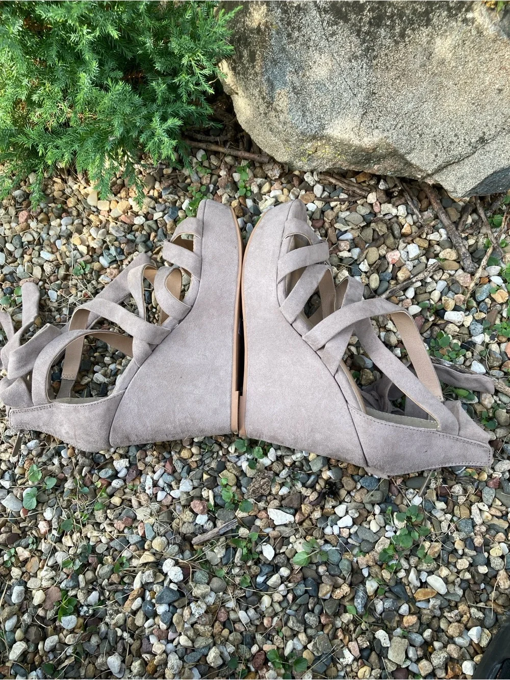 Torrid Size 6.5W natural taupe strappy ankle wrap platform wedge sandals